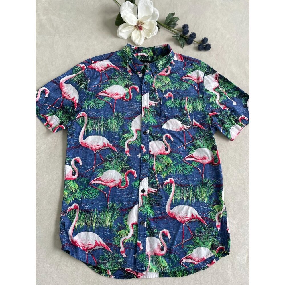 Carbon Flamingo Tropical Graphic Button-Up Shirt Large Short Sleeves Cotton